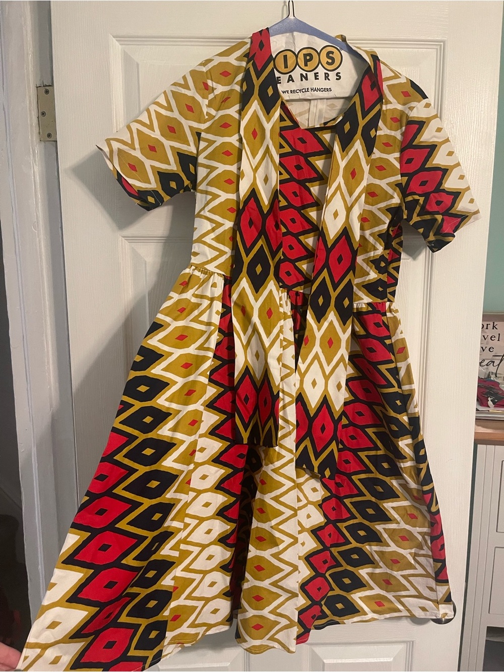 Bold Geometric Midi Dress in with Bow Tie